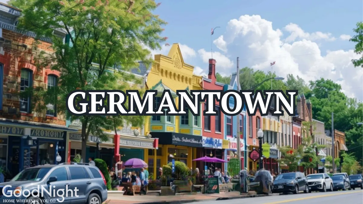 A lively street view showcasing colorful storefronts, bustling pedestrian activity, and inviting outdoor dining spaces shaded by green trees. The sky is cloudy, adding to the dynamic urban ambiance.
